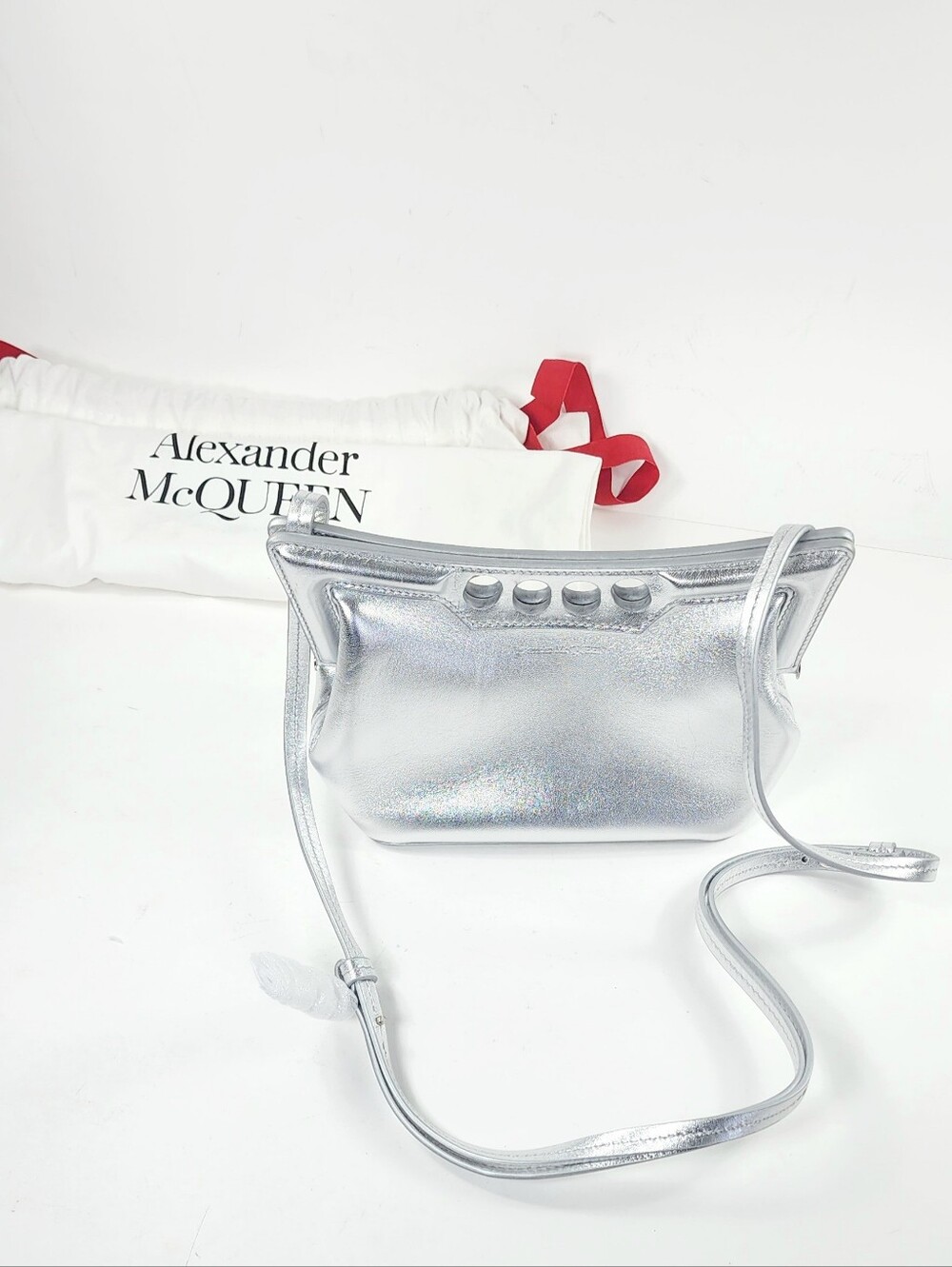 ALEXANDER McQUEEN Leather Shoulder Bag Four Finger Handle Silver Logo RRP $2500.